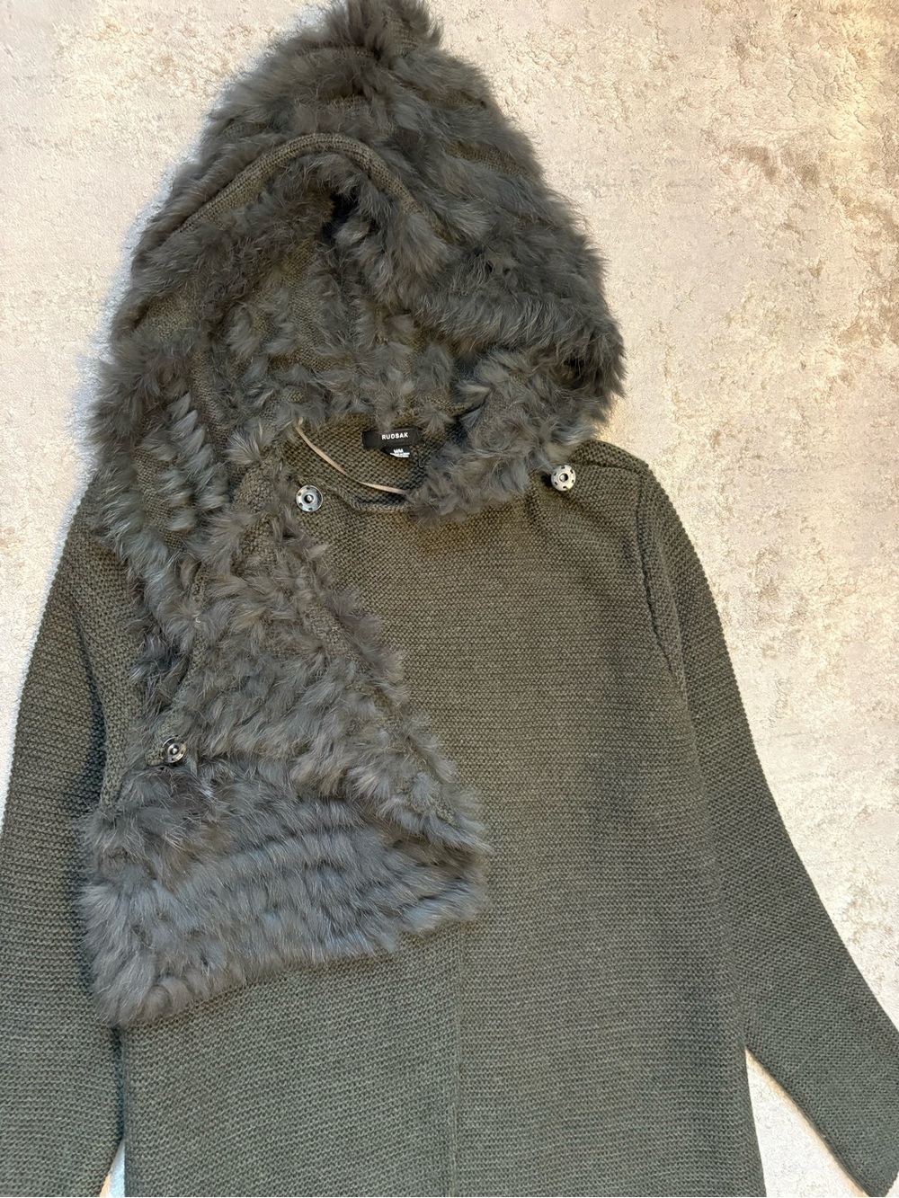 RUDSAK Olive Green Knit Longline Cardigan Real Fur Hood Duster Size Medium - Picture 7 of 16